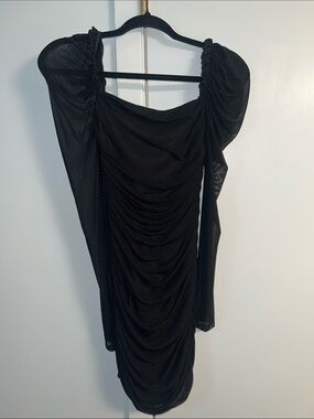 SHEIN Black Ruched Mesh Sleeve Mini Dress